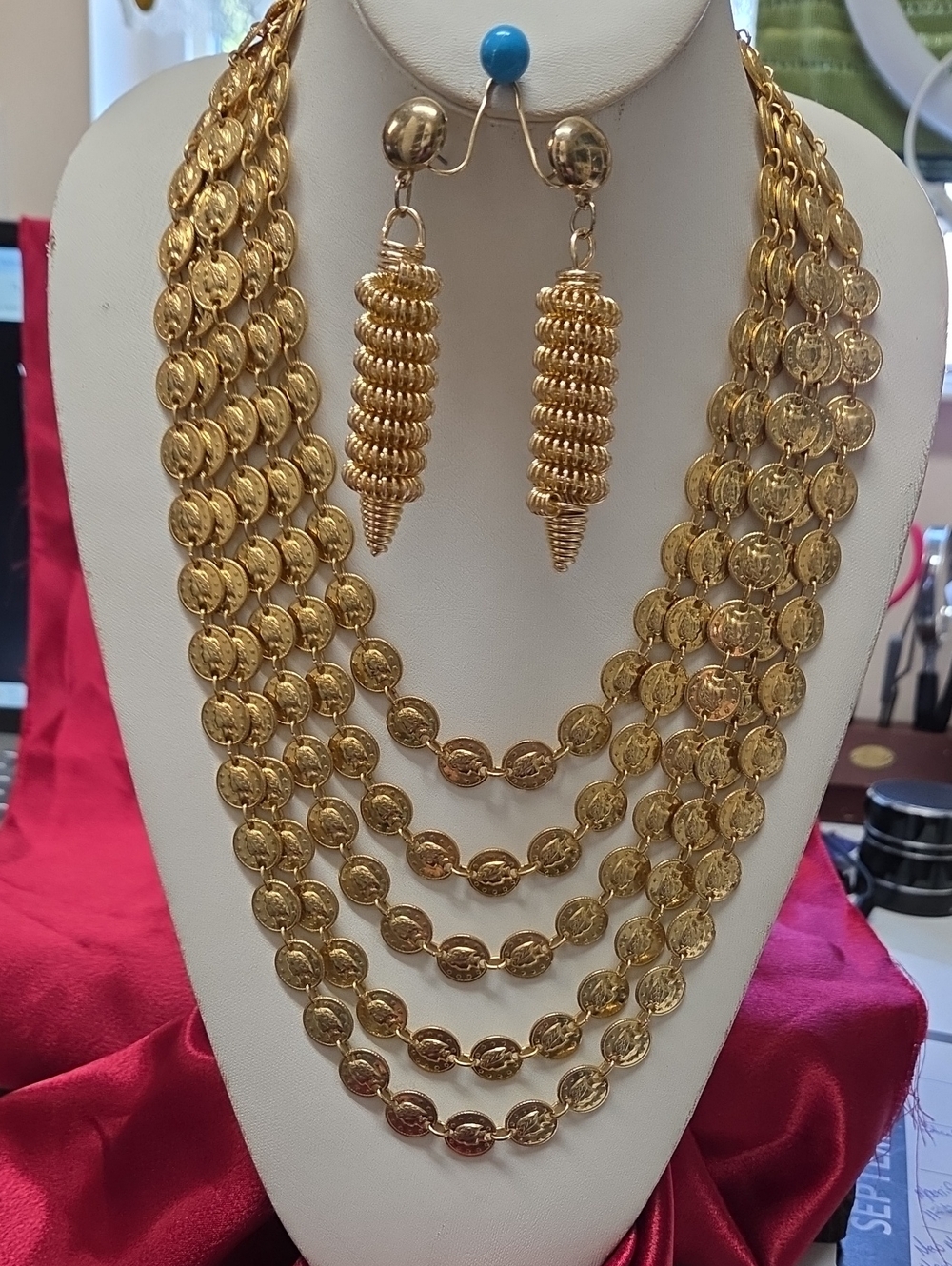 Multi-Layer Gold Coin Necklace with Matching Spiral Drop Earrings